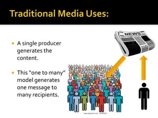  A single producer
generates the
content.
 This “one to many”
model generates
one message to
many recipients.
 