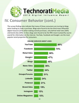 IV. Consumer Behavior (cont.)
Online services most used
The survey findings also indicate that many of those consumers are turning to blogs
when looking to make a purchase. Blogs were found to be the third-most influential
digital resource (31%) when making overall purchases, only behind retail sites (56%)
and brand sites (34%). In fact, blogs were found to be the fifth-most trustworthy source
overall for information on the internet. YouTube, Facebook and Google+ are the most
popular social properties for consumers.
13
 