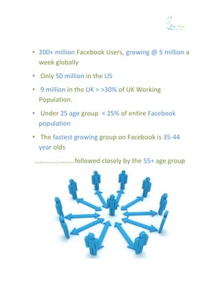 • 200+ million Facebook Users, growing @ 5 million a
  week globally
• Only 50 million in the US
• 9 million in the UK = >30% of UK Working
  Population.
• Under 25 age group < 25% of entire Facebook
  population
• The fastest growing group on Facebook is 35-44
  year olds
……………………followed closely by the 55+ age group
 