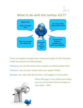 What to do with this twitter A/c??




Tweet: An update message with a maximum length of 140 characters,
visible by everyone including Google

Following: you see the tweets when people you follow update them

Followers: they see your tweets when you update Twitter

@replies: you reply with @username, and engage in conversation

                           Direct Messages: if you follow each other,
                           you can send private direct messages to
                           each other – DM’s
 