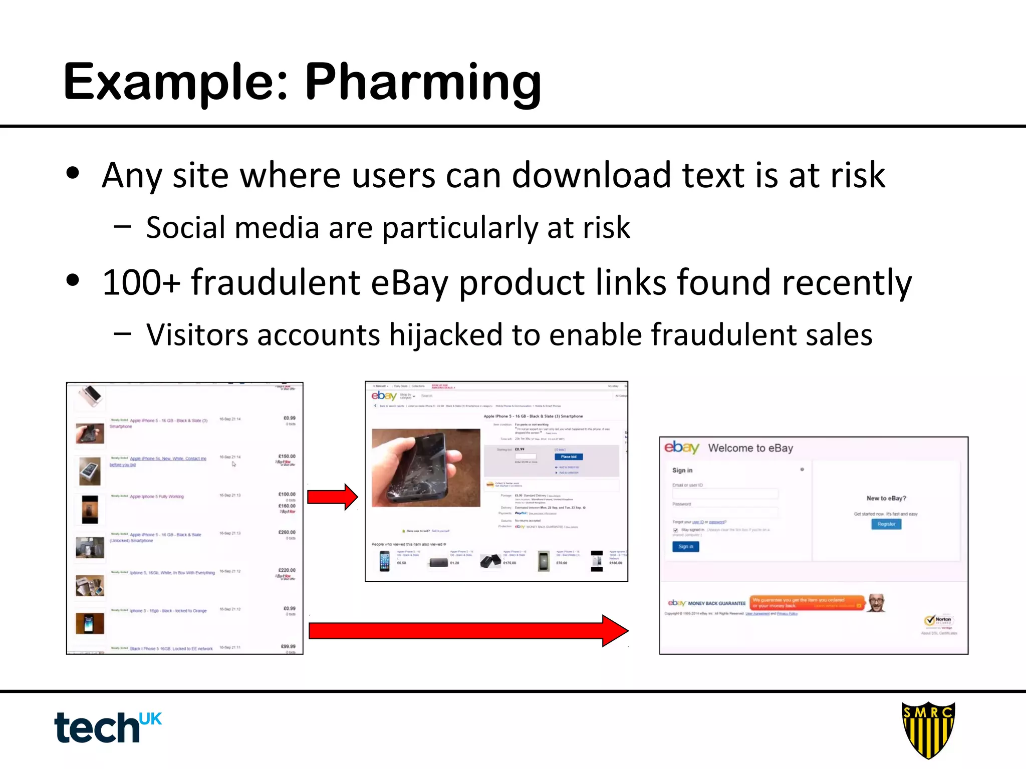 Example: Pharming 
• Any site where users can download text is at risk 
– Social media are particularly at risk 
• 100+ fraudulent eBay product links found recently 
– Visitors accounts hijacked to enable fraudulent sales 
 