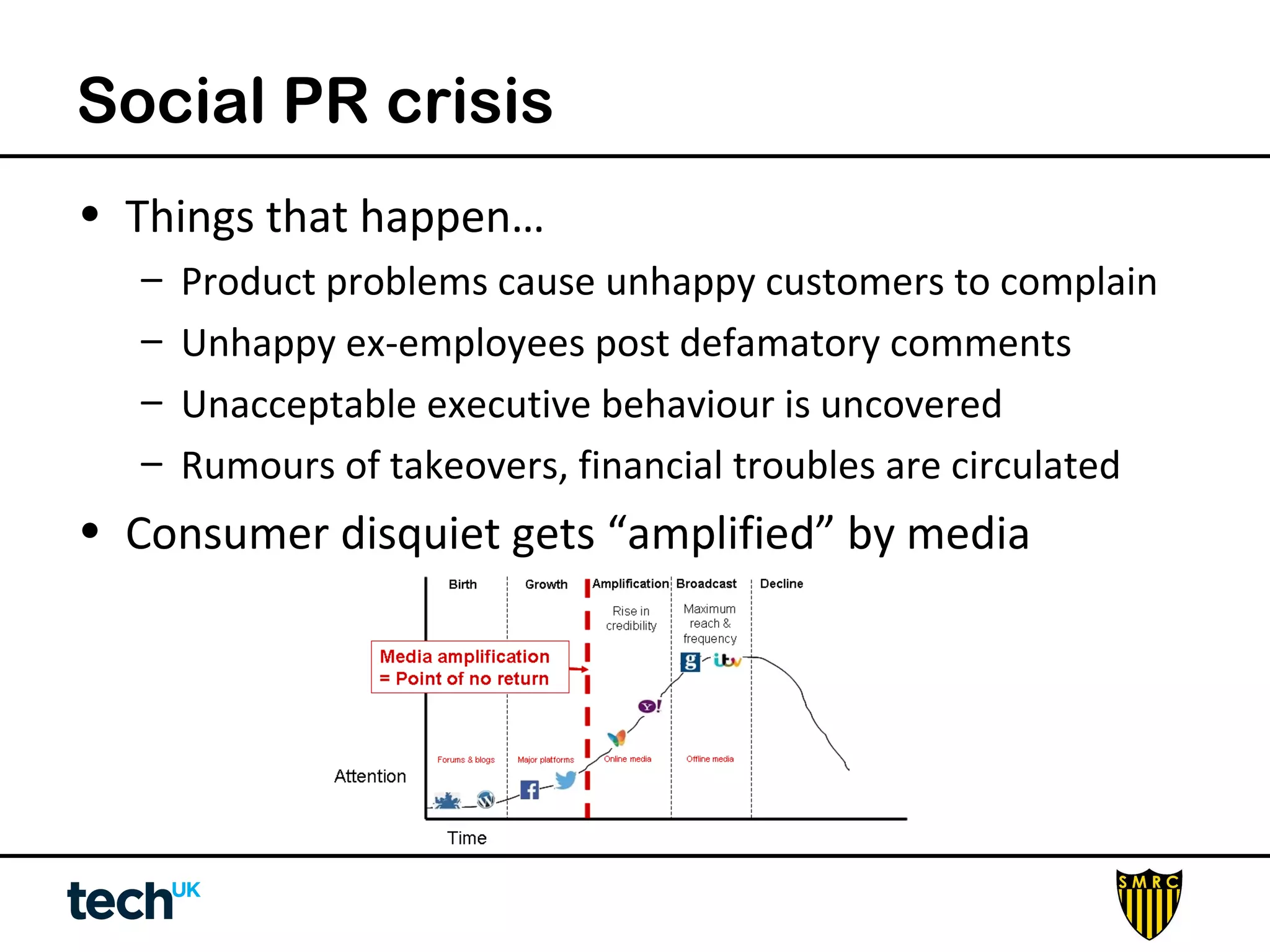 Social PR crisis 
• Things that happen… 
– Product problems cause unhappy customers to complain 
– Unhappy ex-employees post defamatory comments 
– Unacceptable executive behaviour is uncovered 
– Rumours of takeovers, financial troubles are circulated 
• Consumer disquiet gets “amplified” by media 
 