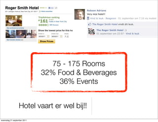 75 - 175 Rooms
                             32% Food & Beverages
                                  36% Events


                  Hotel vaart er wel bij!!
woensdag 21 september 2011
 