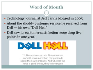 Word of Mouth 
 Technology journalist Jeff Jarvis blogged in 2005 
 About the shoddy customer service he received from 
Dell — his own “Dell Hell” 
 Dell saw its customer satisfaction score drop five 
points in one year. 
 