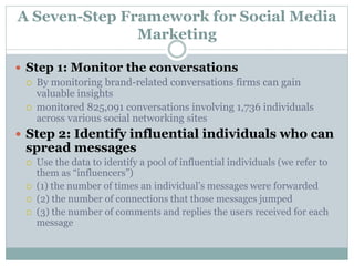A Seven-Step Framework for Social Media 
Marketing 
 Step 1: Monitor the conversations 
 By monitoring brand-related conversations firms can gain 
valuable insights 
 monitored 825,091 conversations involving 1,736 individuals 
across various social networking sites 
 Step 2: Identify influential individuals who can 
spread messages 
 Use the data to identify a pool of influential individuals (we refer to 
them as “influencers”) 
 (1) the number of times an individual’s messages were forwarded 
 (2) the number of connections that those messages jumped 
 (3) the number of comments and replies the users received for each 
message 
 