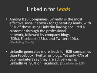 LinkedIn for Leads
• Among B2B Companies, LinkedIn is the most
  effective social network for generating leads, with
  65% of those using LinkedIn having acquired a
  customer through the professional
  network, followed by company blogs
  (60%), Facebook (43%), and Twitter (40%).
  (Marketing Charts)

• LinkedIn generates more leads for B2B companies
  than Facebook, Twitter or blogs. Yet only 47% of
  b2b marketers say they are actively using
  LinkedIn vs. 90% on Facebook. (Social Media B2B)
 
