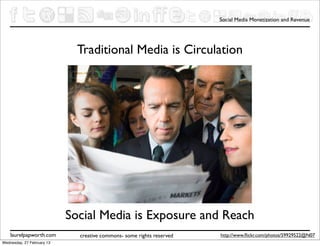 Social Media Monetization and Revenue




                              Traditional Media is Circulation




                            Social Media is Exposure and Reach
    laurelpapworth.com        creative commons- some rights reserved   http://www.ﬂickr.com/photos/59929522@N07
Wednesday, 27 February 13
 