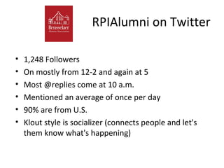 RPIAlumni on Twitter

•   1,248 Followers
•   On mostly from 12-2 and again at 5
•   Most @replies come at 10 a.m.
•   Mentioned an average of once per day
•   90% are from U.S.
•   Klout style is socializer (connects people and let's
    them know what's happening)
 