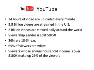 YouTube
•   24 hours of video are uploaded every minute
•   5.8 Billion videos are streamed in the U.S.
•   2 Billion videos are viewed daily around the world
•   Viewership gender is split 50/50
•   36% are 18-34 y.o.
•   65% of viewers are white
•   Viewers whose annual household income is over
    $100k make up 29% of the viewers
 