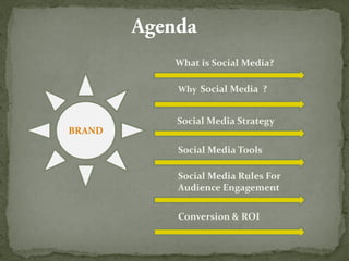 What is Social Media?
Social Media Strategy
Social Media Tools
Social Media Rules For
Audience Engagement
Conversion & ROI
BRAND
Why Social Media ?
 