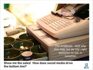 The evidence. And why
                                 this may not be the right
                                     question to ask in
                                         isolation

Show me the sales! How does social media drive
the bottom line?
 