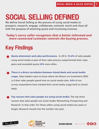 SOCIAL MEDIA & SALES QUOTAS 5
SHARE EBOOK
We define Social Selling as the process of using social media to
prospect, research, engage, collaborate, network, teach and close all
with the purpose of attaining quota and increasing revenue.
Today’s savvy seller recognizes that a better-informed and
more connected customer controls the buying process.
Key Findings
	 Quota attainment and sales performance. In 2012, 72.6% of sales people 	
	 using social media as part of their sales process outperformed their sales 	
	 peers and exceeded quota 23% more often.
	 There is a direct correlation between closed deals and social media 		
	usage. Sales leaders want to know where the Return-on-Investment (ROI) 	
	 is if their sales people spend time on social media sites. 54% of our 		
	 survey respondents have tracked their social media usage back to closed 	
	deals.
	 Top reasons that sales people are using social media. The top three 		
	 reasons that sales people use social media: Networking, Prospecting and 	
	 Research. In that order. For those sellers using social media two years or 	
	 longer, Research moved into the number two spot.
SOCIAL SELLING DEFINED
 