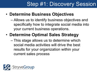 Step #1: Discovery Session
• Determine Business Objectives
  – Allows us to identify business objectives and
    specifically how to integrate social media into
    your current business operations.
• Determine Optimal Sales Strategy
  – This stage allows us to determine which
    social media activities will drive the best
    results for your organization within your
    current sales process
 