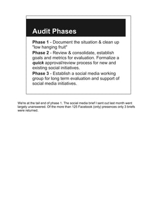 Audit Phases
          Phase 1 - Document the situation & clean up
          "low hanging fruit"
          Phase 2 - Review & consolidate, establish
          goals and metrics for evaluation. Formalize a
          quick approval/review process for new and
          existing social initiatives.
          Phase 3 - Establish a social media working
          group for long term evaluation and support of
          social media initiatives.



We're at the tail end of phase 1. The social media brief I sent out last month went
largely unanswered. Of the more than 125 Facebook (only) presences only 3 briefs
were returned.
 