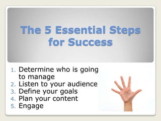 The 5 Essential Steps
for Success
1. Determine who is going
to manage
2. Listen to your audience
3. Define your goals
4. Plan your content
5. Engage
 