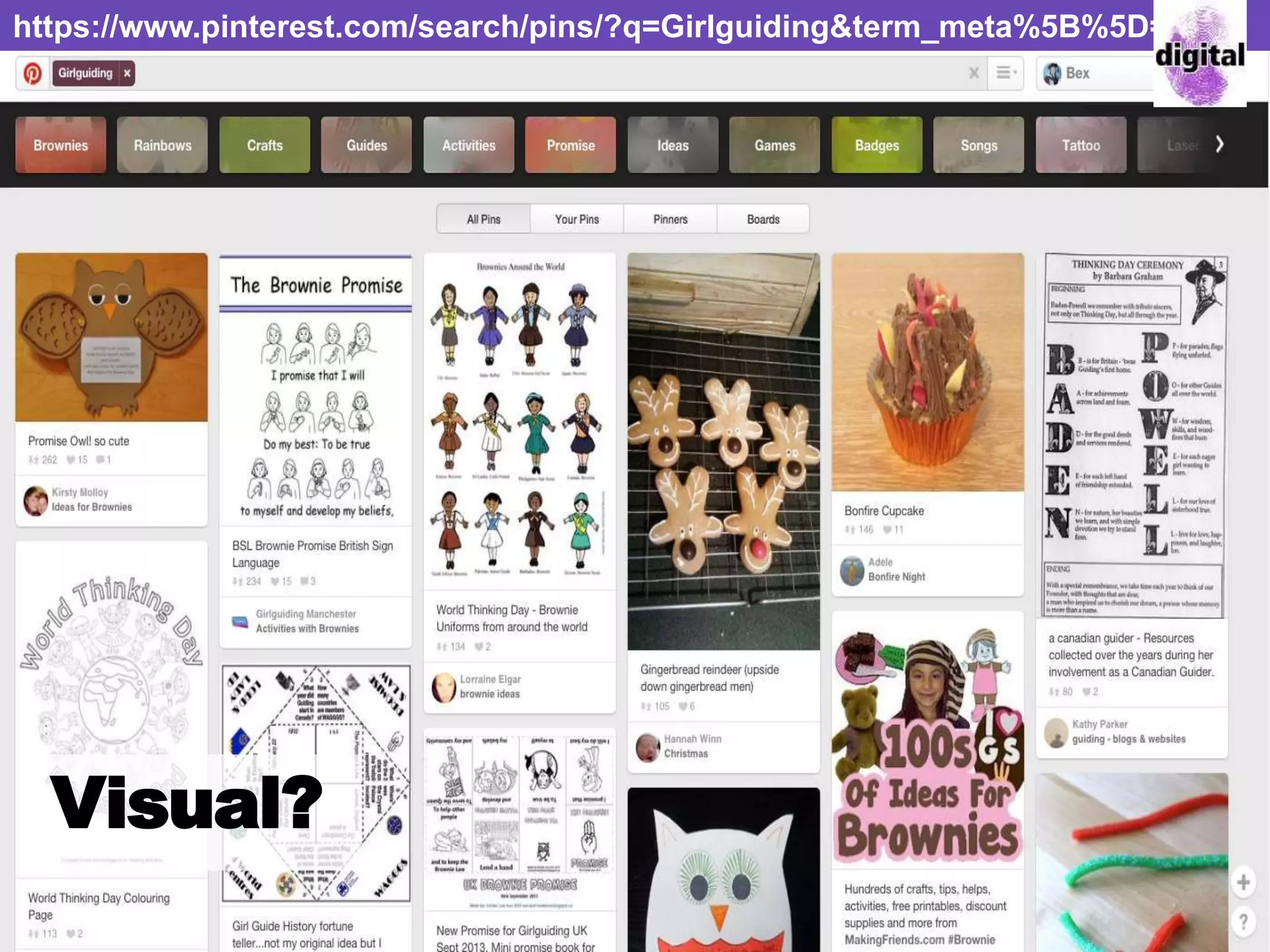 https://www.pinterest.com/search/pins/?q=Girlguiding&term_meta%5B%5D=Girlg
uiding%7Ctyped
Visual?
 