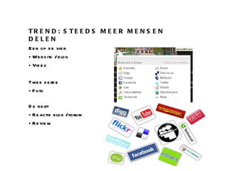 TREND: STEEDS MEER MENSEN DELEN Een op de vier Website / blog Video Twee derde Foto De helft Reactie blog / forum Review 