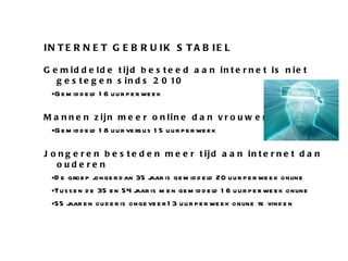 INTERNET GEBRUIK STABIEL Gemiddelde tijd besteed aan internet is niet gestegen sinds 2010 Gemiddeld 16 uur per week Mannen zijn meer online dan vrouwen Gemiddeld 18 uur versus 15 uur per week Jongeren besteden meer tijd aan internet dan ouderen De groep jonger dan 35 jaar is gemiddeld 20 uur per week online Tussen de 35 en 54 jaar is men gemiddeld 16 uur per week online 55 jaar en ouder is ongeveer 13 uur per week online te vinden 