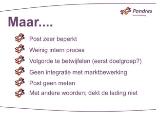 Maar....
   Post zeer beperkt
   Weinig intern proces
   Volgorde te betwijfelen (eerst doelgroep?)
   Geen integratie met marktbewerking
   Post geen meten
   Met andere woorden; dekt de lading niet
 