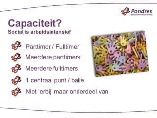 Capaciteit?
Social is arbeidsintensief

       Parttimer / Fulltimer
       Meerdere parttimers
       Meerdere fulltimers
       1 centraal punt / balie
       Niet ‘erbij’ maar onderdeel van
 