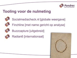 Tooling voor de nulmeting

    Socialmediacheck.nl [globale weergave]
    Finchline [met name gericht op analyse]

    Buzzcapture [uitgebreid]
    Radian6 [internationaal]
 