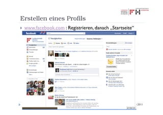 Erstellen eines Profils
 www.facebook.com : Registrieren, danach „Startseite“




                  Social Media Schulung - Sandra Perusch   04.04.2011
 