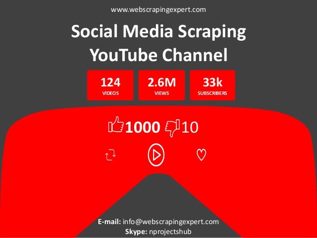 Social Media Scraping
YouTube Channel
124
VIDEOS
2.6M
VIEWS
33k
SUBSCRIBERS
E-mail: info@webscrapingexpert.com
Skype: nprojectshub
www.webscrapingexpert.com
1000 10
 
