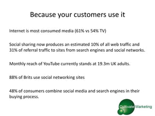 Because your customers use it
Internet is most consumed media (61% vs 54% TV)

Social sharing now produces an estimated 10% of all web traffic and
31% of referral traffic to sites from search engines and social networks.

Monthly reach of YouTube currently stands at 19.3m UK adults.

88% of Brits use social networking sites

48% of consumers combine social media and search engines in their
buying process.
 