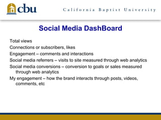 Social Media DashBoard
Total views
Connections or subscribers, likes
Engagement – comments and interactions
Social media referrers – visits to site measured through web analytics
Social media conversions – conversion to goals or sales measured
through web analytics
My engagement – how the brand interacts through posts, videos,
comments, etc
 
