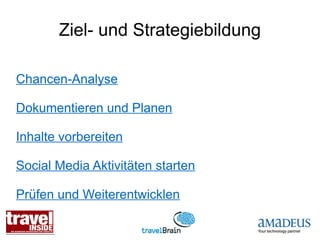 Ziel- und Strategiebildung

Chancen-Analyse

Dokumentieren und Planen

Inhalte vorbereiten

Social Media Aktivitäten starten

Prüfen und Weiterentwicklen
 