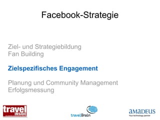 Facebook-Strategie


Ziel- und Strategiebildung
Fan Building

Zielspezifisches Engagement

Planung und Community Management
Erfolgsmessung
 