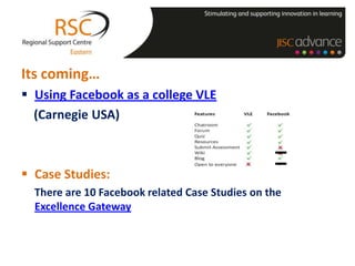 Its coming…
 Using Facebook as a college VLE
  (Carnegie USA)



 Case Studies:
  There are 10 Facebook related Case Studies on the
  Excellence Gateway
 