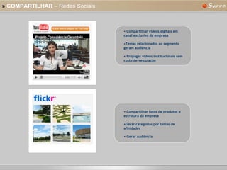 »   COMPARTILHAR  – Redes Sociais Compartilhar vídeos digitais em canal exclusivo da empresa Temas relacionados ao segmento geram audiência Propagar vídeos institucionais sem custo de veiculação Compartilhar fotos de produtos e estrutura da empresa Gerar categorias por temas de afinidades Gerar audiência 