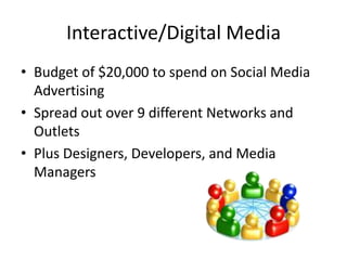 Interactive/Digital Media
• Budget of $20,000 to spend on Social Media
Advertising
• Spread out over 9 different Networks and
Outlets
• Plus Designers, Developers, and Media
Managers
 