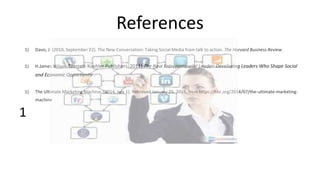 References
1) Davis, J. (2010, September 22). The New Conversation: Taking Social Media from talk to action. The Harvard Business Review.
1) H.James.Wilson. (Berrett-Koehler Publishers, 2011).The New Entrepreneurial Leader: Developing Leaders Who Shape Social
and Economic Opportunity .
1) The Ultimate Marketing Machine. (2014, July 1). Retrieved January 25, 2015, from https://hbr.org/2014/07/the-ultimate-marketing-
machine
1
 
