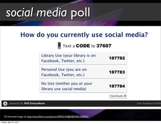 social media poll




   CC-licensed image via http://www.ﬂickr.com/photos/30453134@N00/4021009835/

Friday, April 15, 2011
 