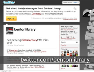 twitter.com/bentonlibrary
Friday, April 15, 2011
 