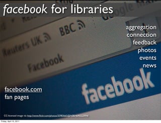 facebook for libraries
                                                                                aggregation
                                                                                connection
                                                                                  feedback
                                                                                    photos
                                                                                     events
                                                                                      news


    facebook.com
    fan pages

   CC-licensed image via http://www.ﬂickr.com/photos/35983665@N08/4690323994/

Friday, April 15, 2011
 