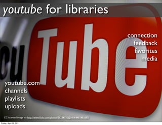 youtube for libraries
                                                                                connection
                                                                                  feedback
                                                                                   favorites
                                                                                      media


    youtube.com
    channels
    playlists
    uploads
   CC-licensed image via http://www.ﬂickr.com/photos/36234195@N04/4481461680/

Friday, April 15, 2011
 