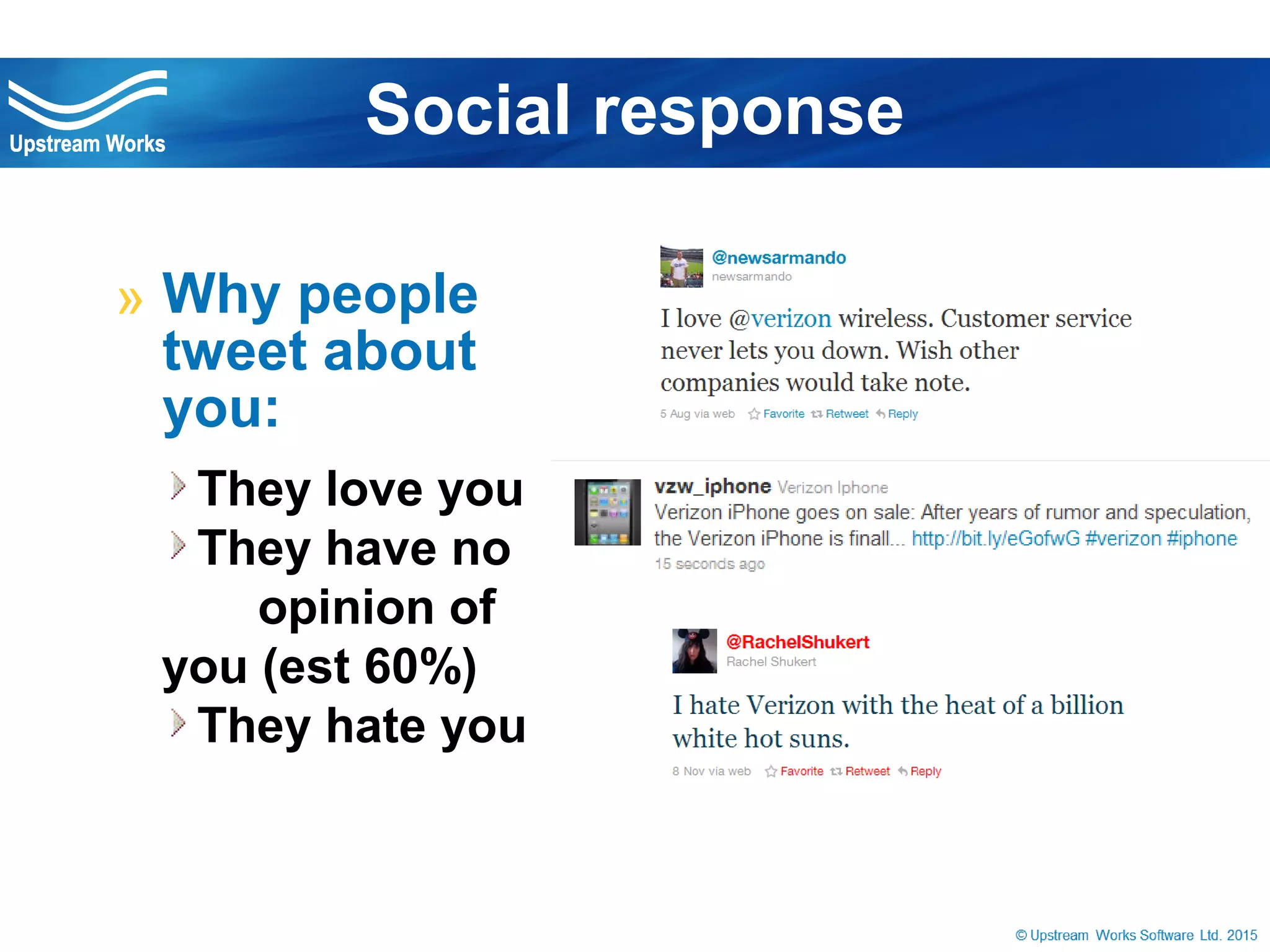 © Upstream Works Software
» Why people tweet
about you:
They love you
They have no
opinion of you (est 60%)
They hate you
Social response
 