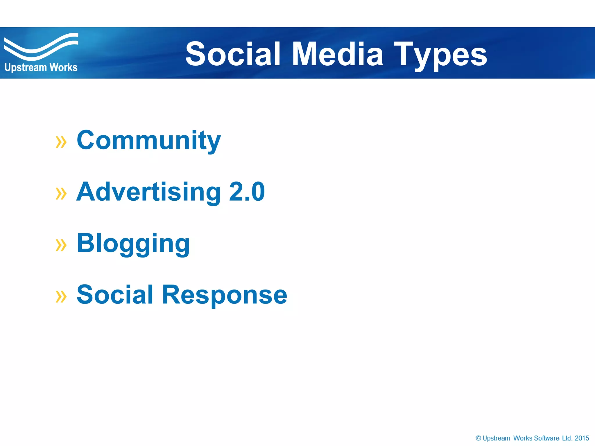 © Upstream Works Software
» Community
» Advertising 2.0
» Blogging
» Social Response
Social Media Types
 