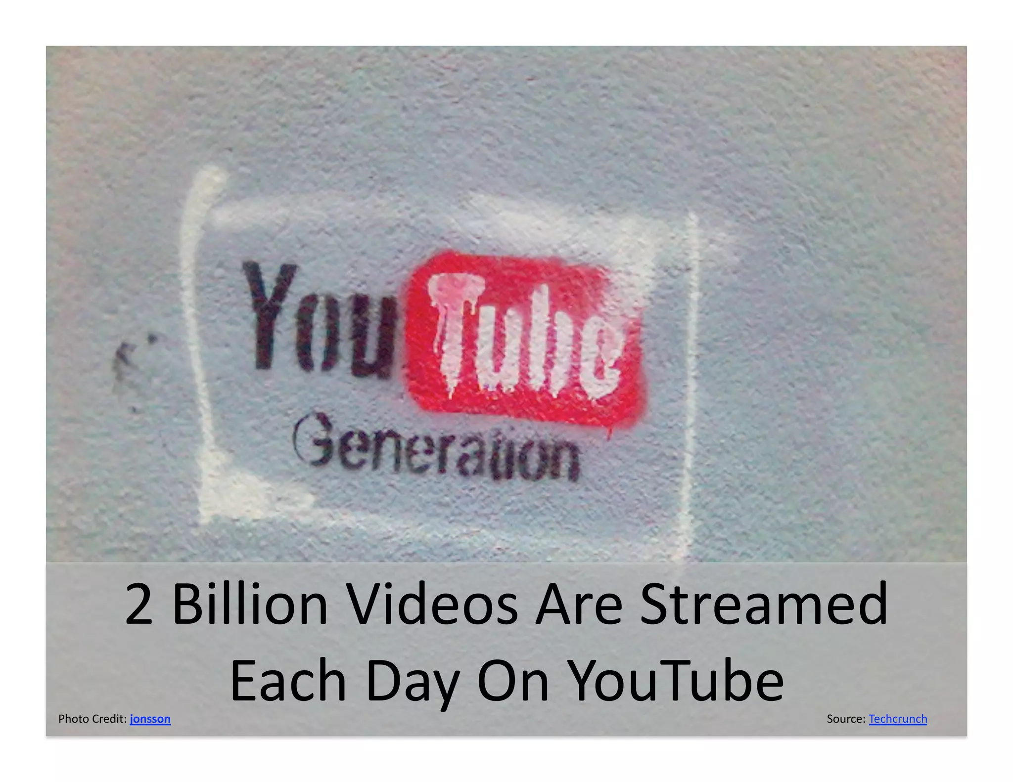 2 Billion Videos Are Streamed  
                 Each Day On YouTube 
Photo Credit: jonsson                  Source: Techcrunch 
 