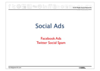 Social Media Social Networks
                                                 15 mins




                     Social Ads
                       Facebook Ads
                     Twitter Social Spam




laurelpapworth.com
 