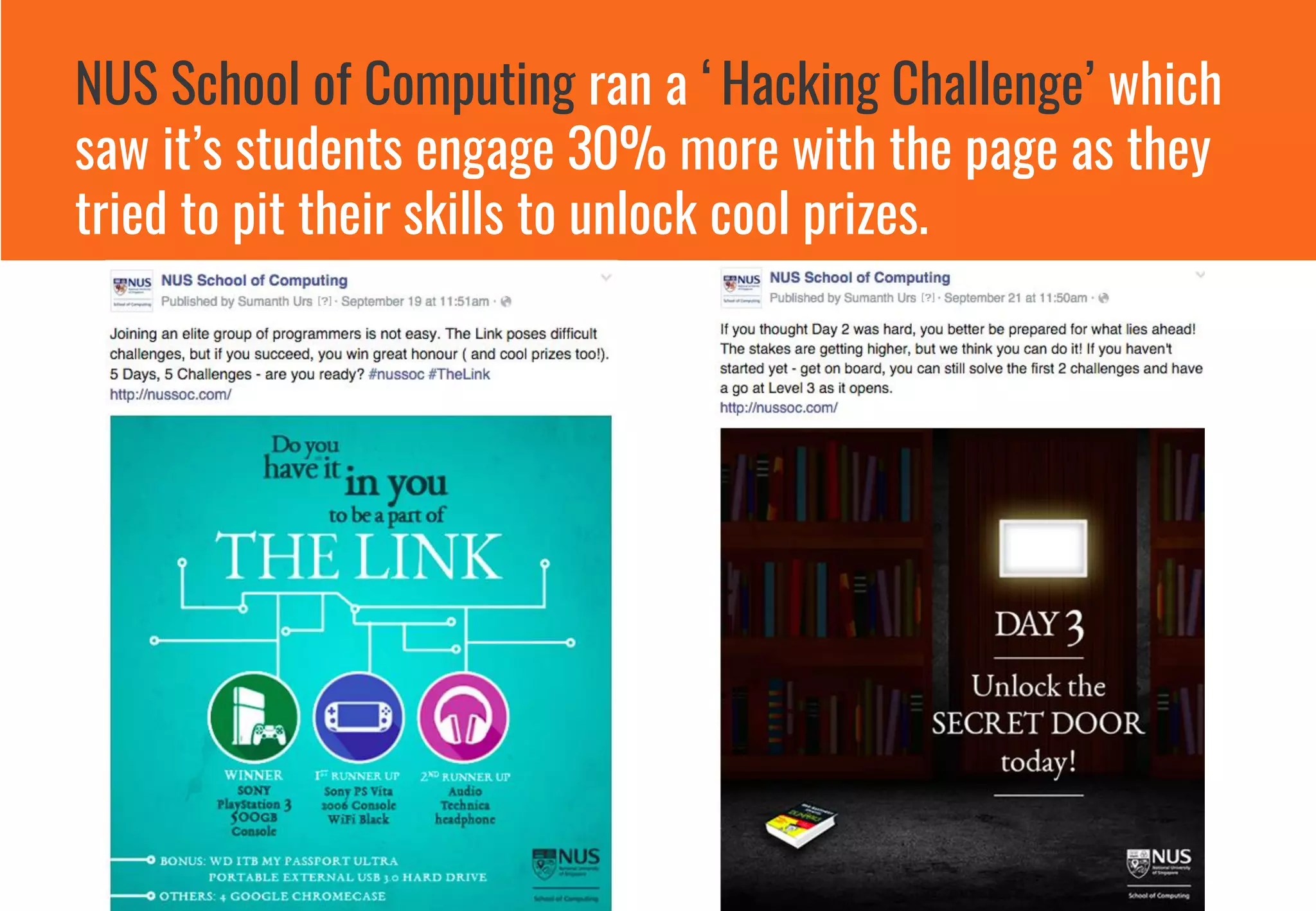 NUS School of Computing ran a ‘Hacking Challenge’ which
saw it’s students engage 30% more with the page as they
tried to pit their skills to unlock cool prizes.
 