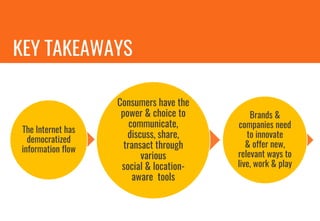 The Internet has
democratized
information flow
Consumers have the
power & choice to
communicate,
discuss, share,
transact through
various
social & location-
aware tools
Brands &
companies need
to innovate
& offer new,
relevant ways to
live, work & play
KEY TAKEAWAYS
 