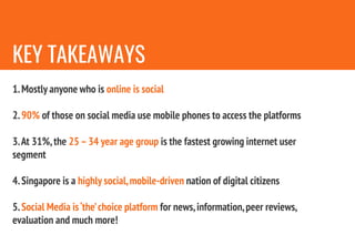 KEY TAKEAWAYS
1.Mostly anyone who is online is social
2.90% of those on social media use mobile phones to access the platforms
3.At 31%,the 25 –34 year age group is the fastest growing internet user
segment
4.Singapore is a highly social,mobile-driven nation of digital citizens
5.Social Media is‘the’choice platform for news,information,peer reviews,
evaluation and much more!
 