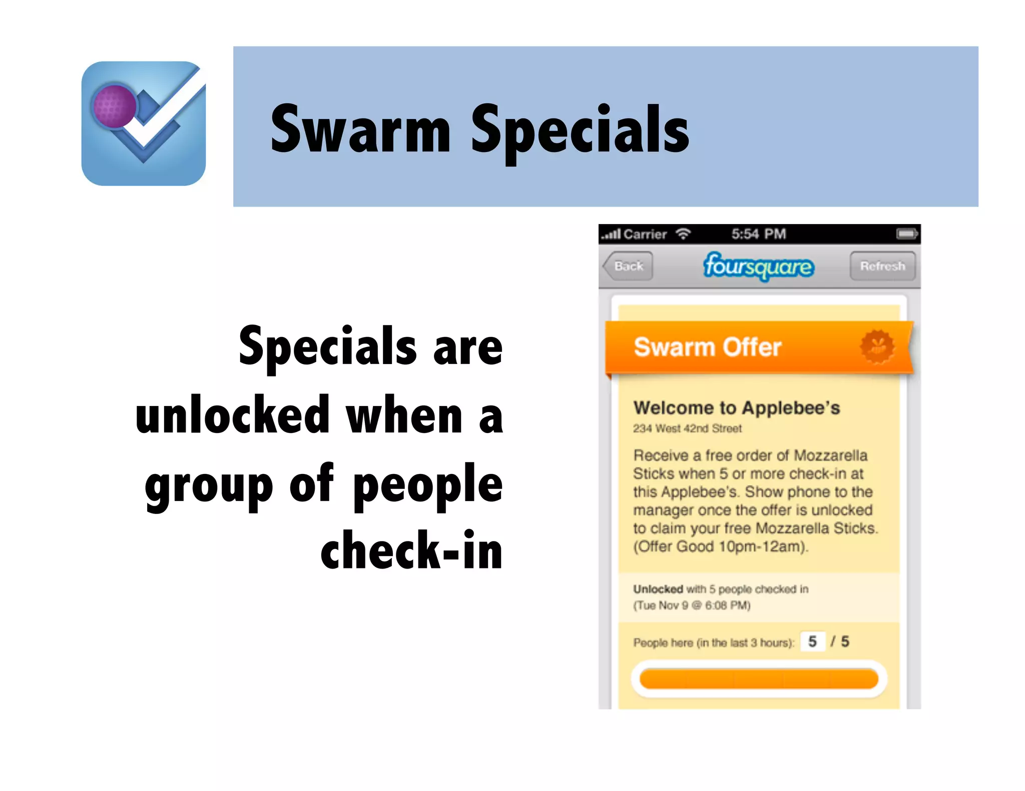 Swarm Specials


    Specials are
unlocked when a
group of people
        check-in
 