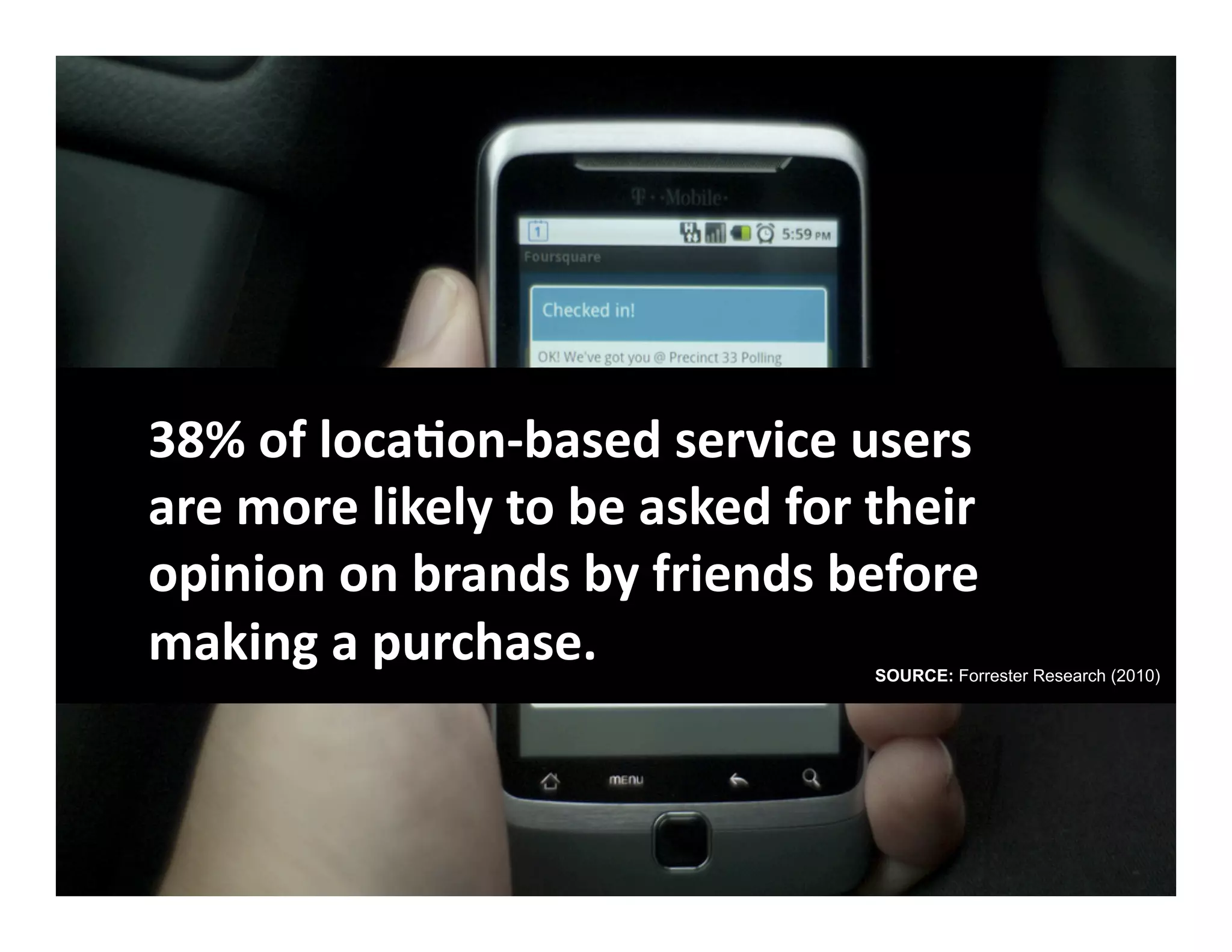 38% of locaLon‐based service users  
are more likely to be asked for their 
opinion on brands by friends before 
making a purchase.              SOURCE: Forrester Research (2010)
 