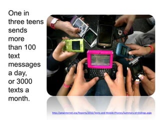 One in three teens sends more than 100 text messages a day, or 3000 texts a month. http://pewinternet.org/Reports/2010/Teens-and-Mobile-Phones/Summary-of-findings.aspx