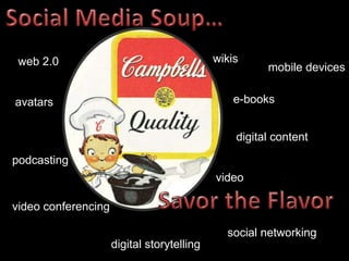 Social Media Soup… wikis web 2.0 mobile devices e-books avatars digital content podcasting video Savor the Flavor video conferencing social networking digital storytelling 
